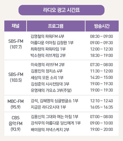 라디오 광고 시간표