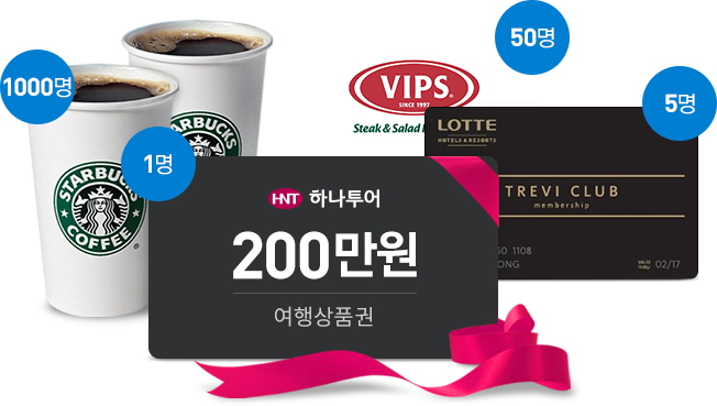 1명 하나투어 200만원 여행상품권, 5명 롯데 크레비 클럽 맴버십, 50명 빕스 상품권, 100명 스타벅스 커피 상품 이미지