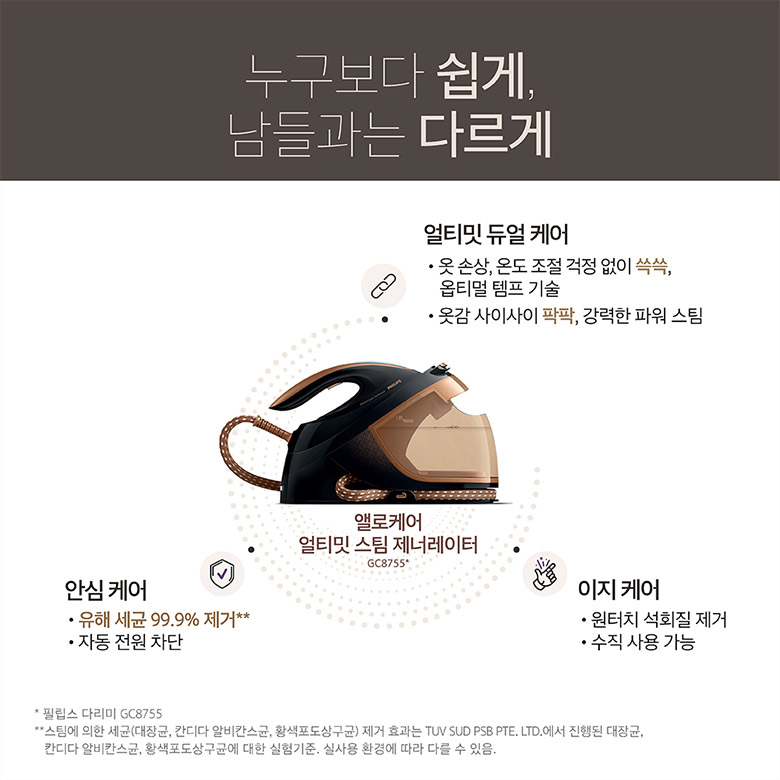 누구보다 쉽게, 남들과는 다르게 - 얼티밋 듀얼 케어(옷 손상, 온도 조절 걱정 없이 쓱쓱, 옵티멀 템프 기술 /( 옷감 사이사이 팍팍, 강력한 파워 스팀), 안심 케어(유해 세균 99.9% 제거, 자동 전환 차단), 이지 케어(원터치 석회질 제거, 수직 사용 가능) (필립스 다리미 GC8755, 99.9% 제거 : 스팀에 의한 세균(대장균, 칸디다 알비칸스 균, 황색포도상구균) 제거 효과는 TUV, SUD, PSB, PTE. LTD.에서 진행된 대장균, 간디다 알비칸스균, 황색포도상구균에 대한 실험기준. 실사용 환경에 따라 다를 수 있음.)