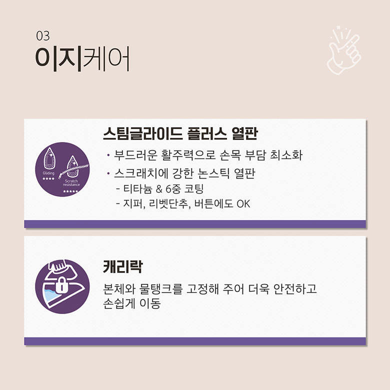 03 이지 케어 - 스팀글라이드 플러스 열판(부드러운 활주력으로 손목 부담 최소화 / 스크래치에 강한 논스틱 열판(티타늄 & 6중 코팅 / 지퍼, 리벳단추, 버튼에도 OK)), 캐리락(본체와 물탱크를 고정해 주어 더욱 안전하고 손쉽게 이동)