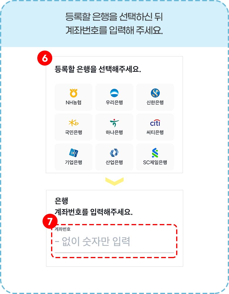등록할 은행을 선택하신 뒤 계좌번호를 입력해 주세요.