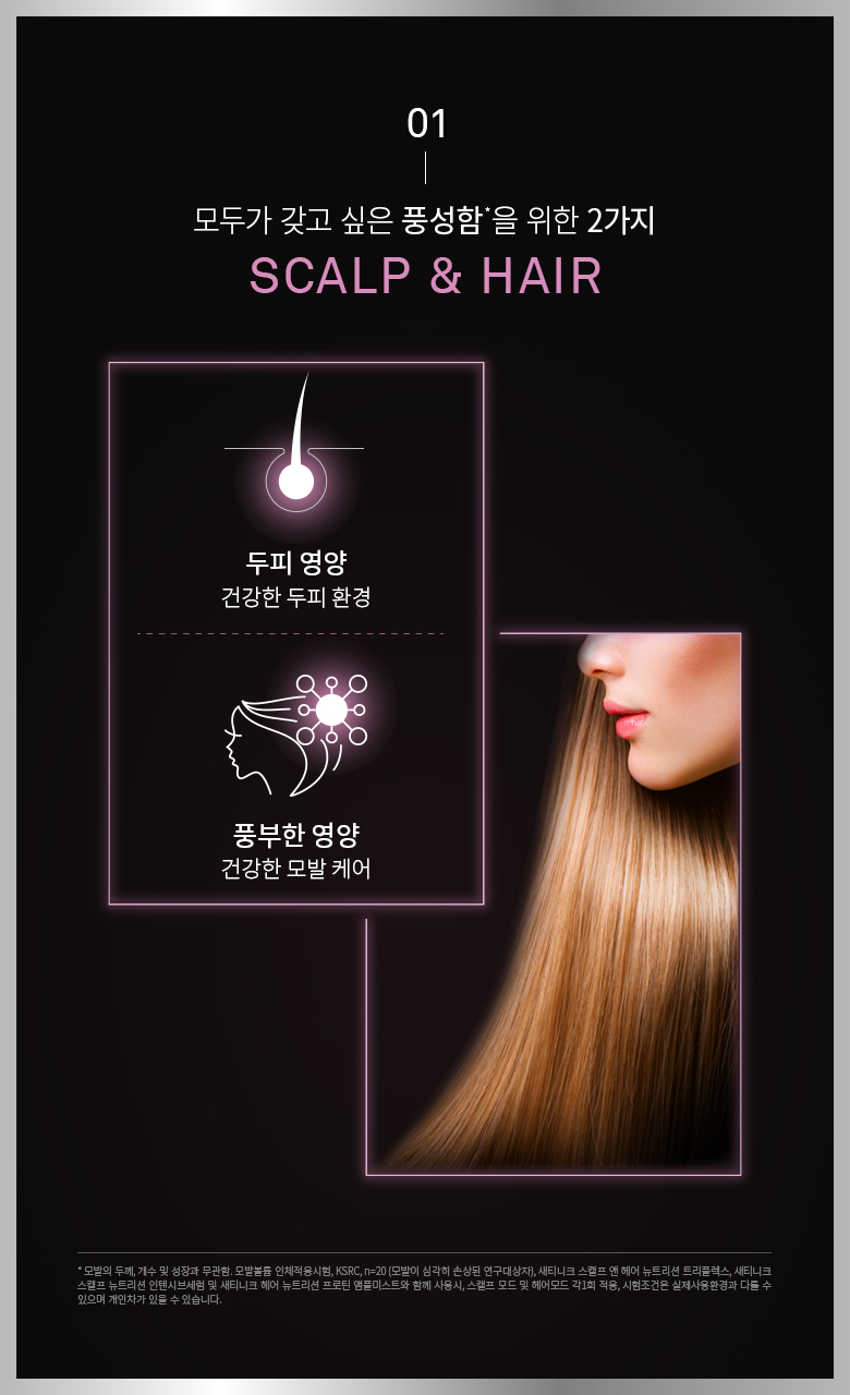 01 모두가 갖고 싶은 풍성함*을 위한 2가지 SCALP & HAIR 두피 영양 건강한 두피 환경 풍부한 영양 건강한 모발 케어 * 모발의 두께, 개수 및 성장과 무관함, 모발볼륨 인체적용시험, KSRC, n=20 (모발이 심각히 손상된 연구대상자), 새티니크 스캘프 앤 헤어 뉴트리션 트리플렉스, 새티니크 스캘프 뉴트리션 인텐시브세럼 및 새티니크 헤어 뉴트리션 프로틴 앰플미스트와 함께 사용시, 스캘프 모드 및 헤어모드 각1회 적용, 시험조건은 실제사용환경과 다를 수 있으며 개인차가 있을 수 있습니다.