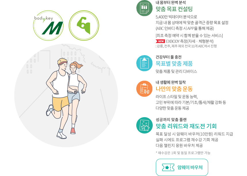 바디키 M 프로그램을 소개합니다. 내 몸부터 완벽 분석 맞춤 목표 컨설팅 / 건강부터 풀충전 목표별 맞춤 제품 / 내 생활에 완벽 밀찾 나만의 맞춤 운동 / 성공까지 맞춤 플랜 맞춤 리워드와 재도전 기회