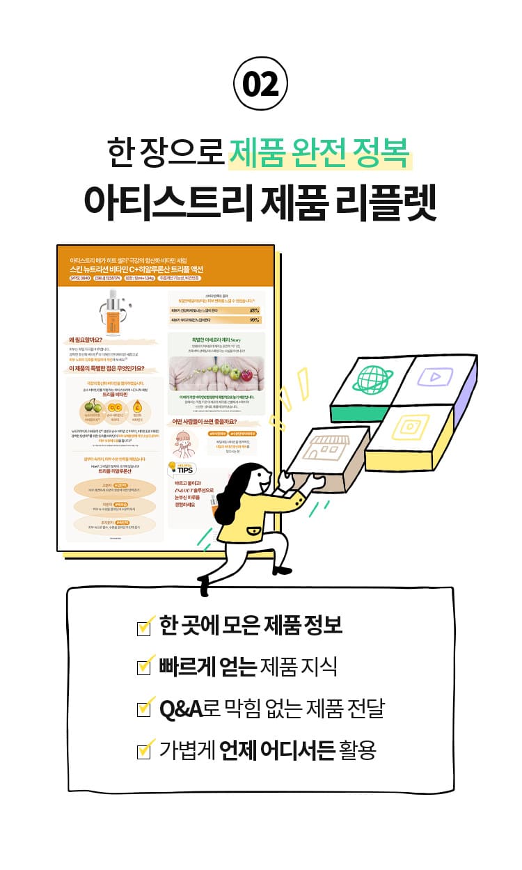 02 한 장으로 제품 완전 정복 아티스트리 제품 리플렛 ·한 곳에 모은 제품 정보 ·빠르게 얻는 제품 지식 Q&A로 막힘 없는 제품 전달 ·가볍게 언제 어디서든 활용
