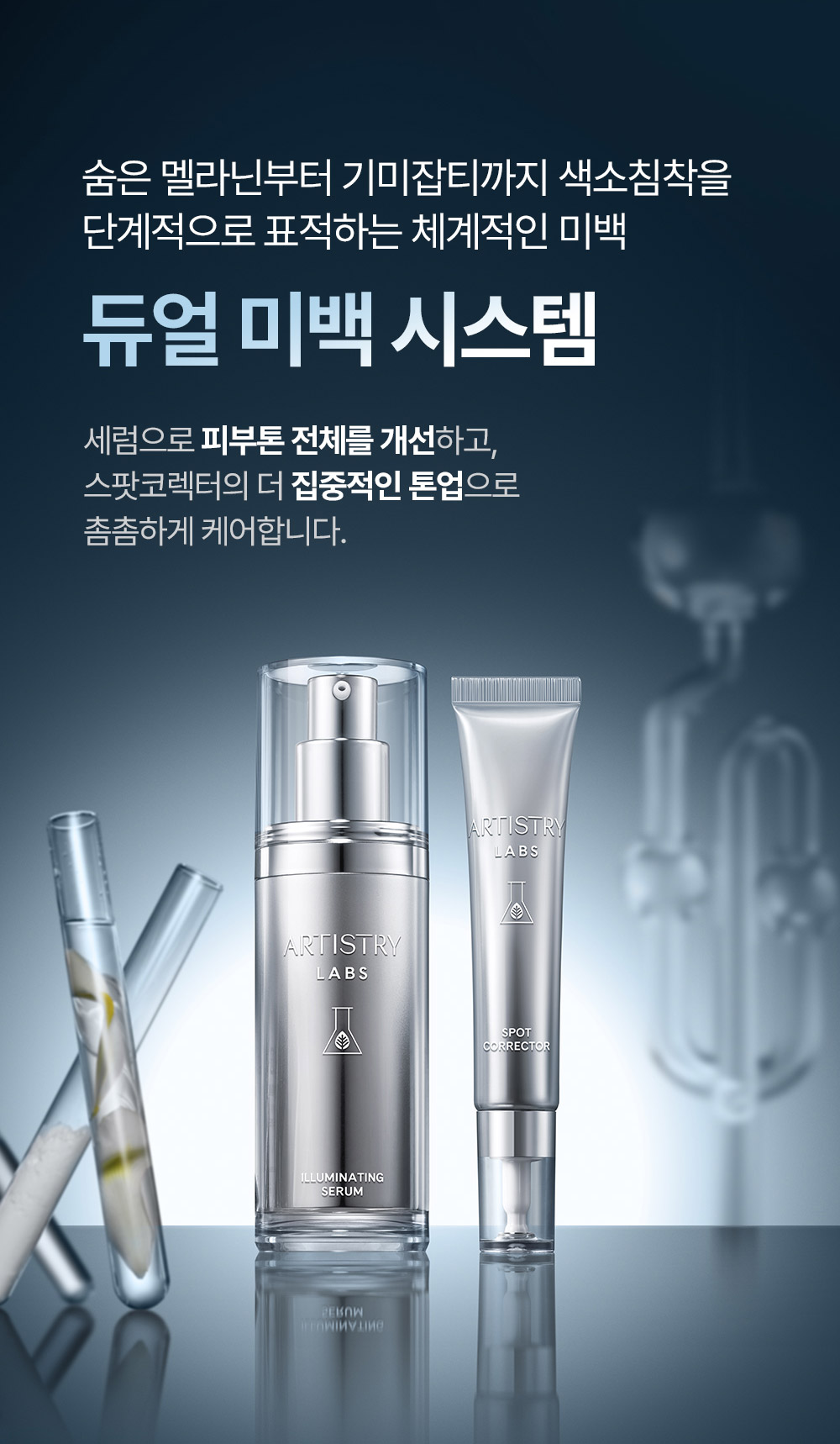 숨은 멜라닌부터 기미잡티까지 색소침착을 단계적으로 표적하는 체계적인 미백 듀얼 미백 시스템