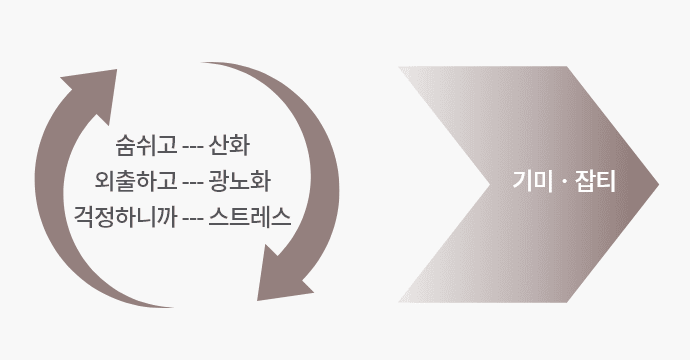 숨쉬고 --- 산화 / 외출하고 --- 광노화 / 걱정하니까 --- 스트레스 → 기미 · 잡티