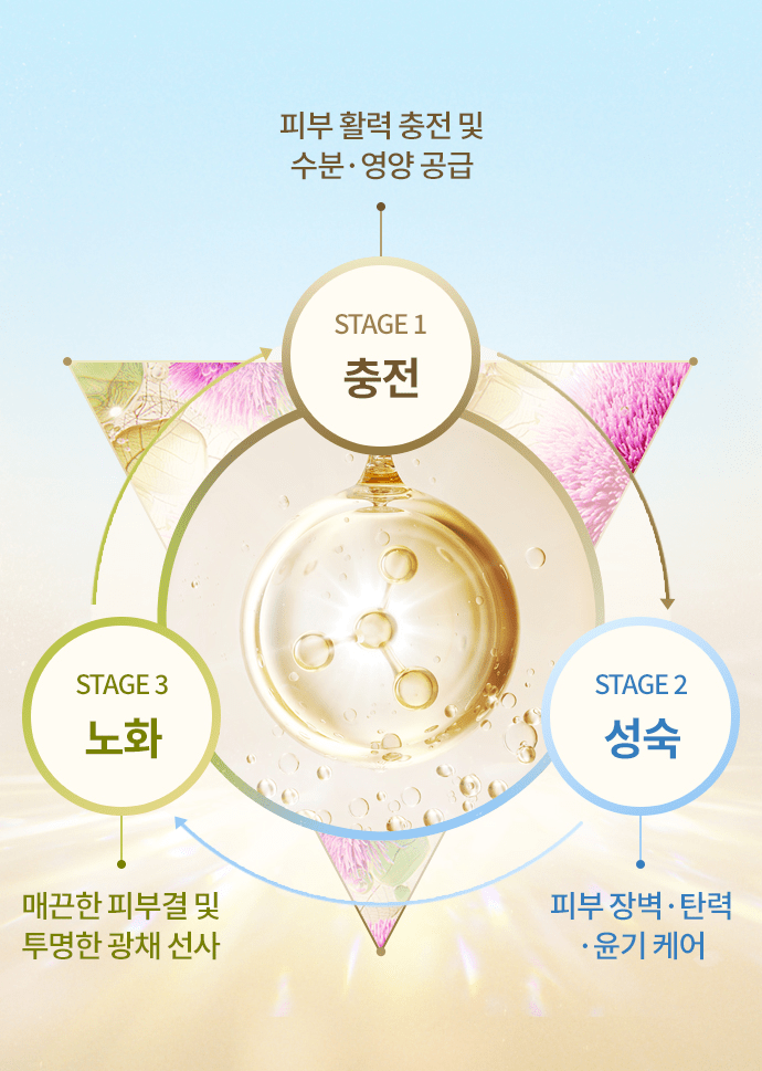 피부 활력 충전 및 수분 · 영양 공급 / STAGE 1 충전 / STAGE 2 성숙 피부 장벽·탄력·윤기 케어 / STAGE 3 노화 매끈한 피부결 및 투명한 광채 선사