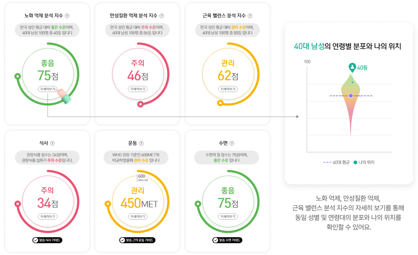 노화 억제, 만성질환 억제, 근육 밸런스 분석 지수의 자세히 보기를 통해 동일 성별 연령의 분포와 나의 위치를 확인할 수 있어요.