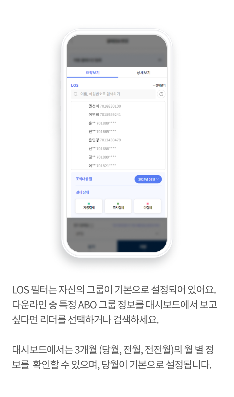 LOS 필터는 자신의 그룹이 기본으로 설정되어 있어요. 다운라인 중 특정 ABO 글부 정보를 대시보드에서 보고싶다면 리더를 선택하거나 검색하세요. 대시보드에서는 3개월(당월, 전월, 전전월)의 월 별 정보를 확인할 수 있으며, 당월이 기본으로 설정됩니다.