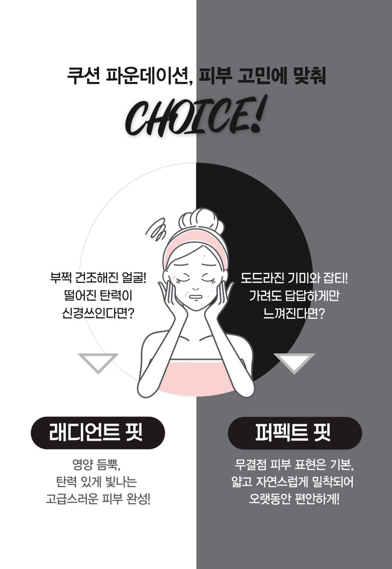 쿠션 파운데이션, 피부 고민에 맞춰 CHOICE! 부쩍 건조해진 얼굴! 떨어진 탄력이 신경쓰인다면? -> 래디언트 핏 : 영양 듬뿍, 탄력 있게 빛나는 고급스러운 피부 완성!, 퍼펙트 핏 : 무결점 피부 표현은 기본, 얇고 자연스럽게 밀착되어 오랫동안 편안하게!