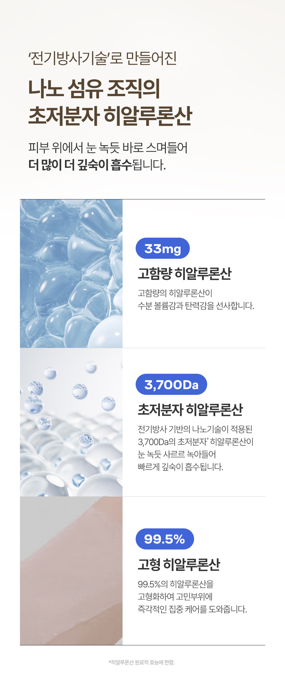 전기방사기술로 만들어진 나노 섬유 조직의 초저분자 히알루론산 피부 위에서 눈 녹듯 바로 스며들어 더 많이 더 깊숙이 흡수됩니다. 고함량 히알루론산-33mg, 초저분자 히알루론산-3,700Da, 고형 히알루론산-99.5%