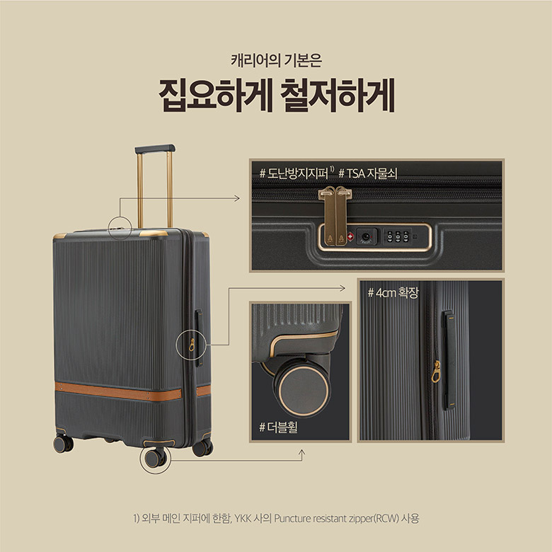 캐리어의 기본은 집요하게 철저하게 / #도난방지지퍼1) #TSA 자물쇠 / #더블휠 #4cm 확장 / 1) 외부 메인 지퍼에 한함, YKK 사의 Puncture resistant zipper(RCW) 사용