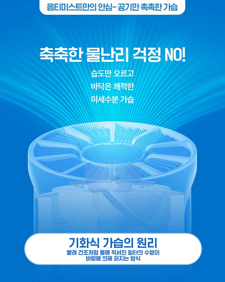 옵티미스트만의 안심-공기만 촉촉한 가습 축축한 물난리 걱정 NO! 습도만 오르고 바닥은 쾌적한 미세수분 가습