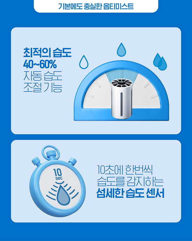 기본에도 충실한 옵티미스트 최적의 습도 40~60% 자동 습도 조절 기능 / 10초에 한번씩 습도를 감지하는 섬세한 습도 센서