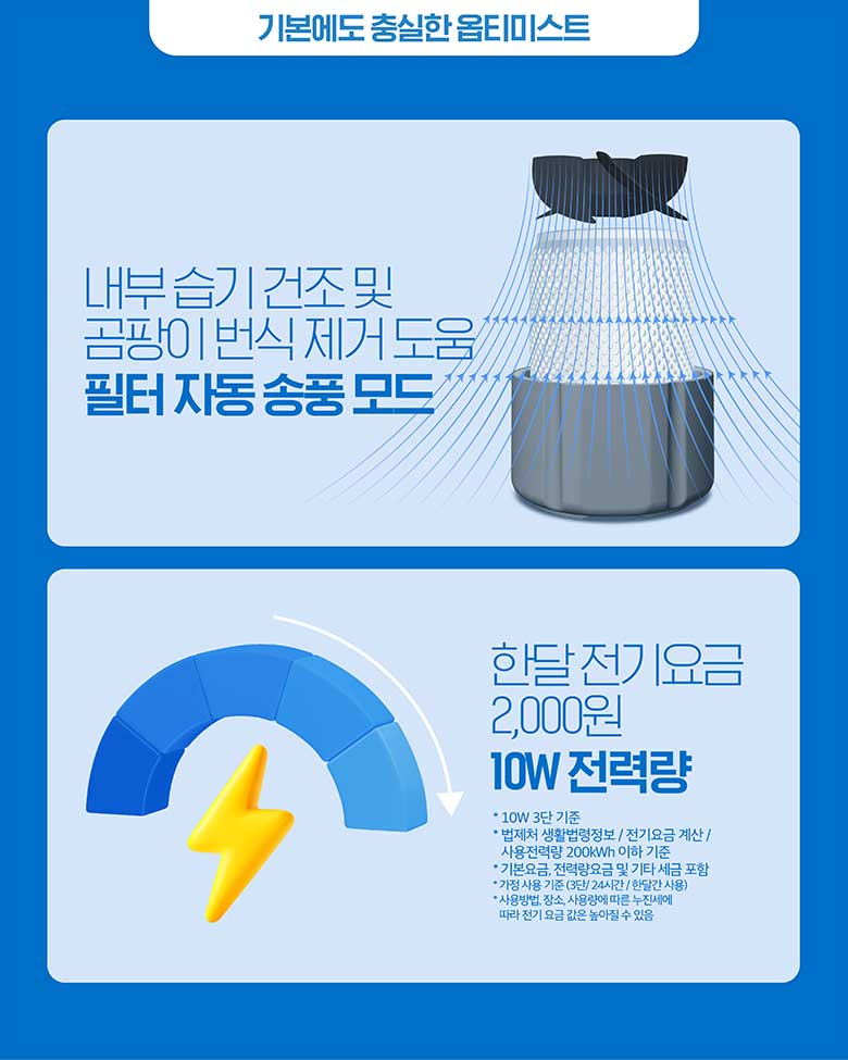 기본에도 충실한 옵티미스트 내부 습기 건조 및 곰팡이 번식 제거 도움 필터 자동 송풍 모드 / 한달 전기요금 2,000원 10W 전력량
