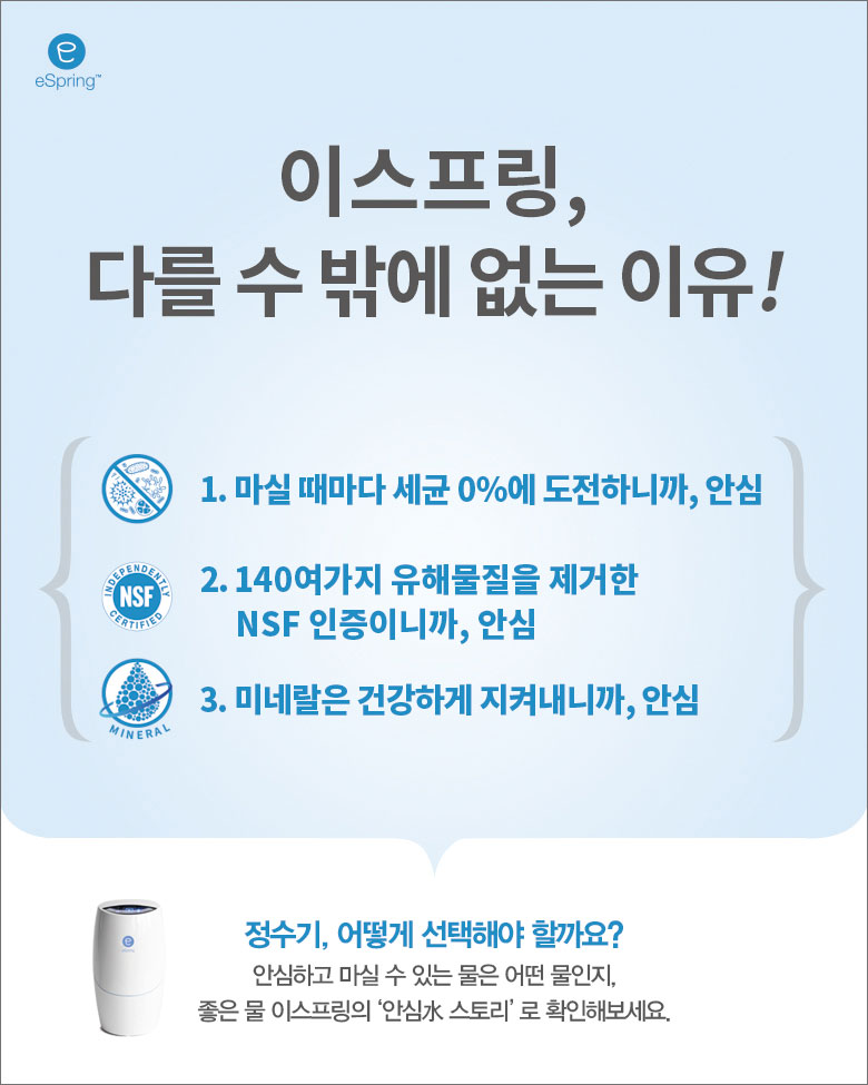 이스프링, 다를 수 밖에 없는 이유! /
1. 마실 때마다 세균 0%에 도전하니까, 안심 /
2. 140여가지 유해물질을 제거한 NSF 인증이니까, 안심 /
3. 미네랄은 건강하게 지켜내니까, 안심 /
정수기 어떻게 선택해야 할까요? /
안심하고 마실 수 있는 물은 어떤 물인지, 좋은 물 이스프링의 '안심水 스토리'로 확인해보세요.