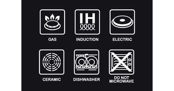 GAS, INDUCTION, ELECTRIC, CERAMIC, DISHWASHER, DO NOT MICROWAVE