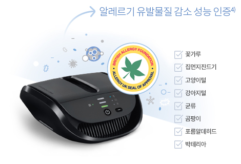 성능인증) 알레르기 유발물질 감소, 꽃가루, 집먼지진드기, 고양이털, 강아지털, 균류, 곰팡이, 포름알데히드, 박테리아