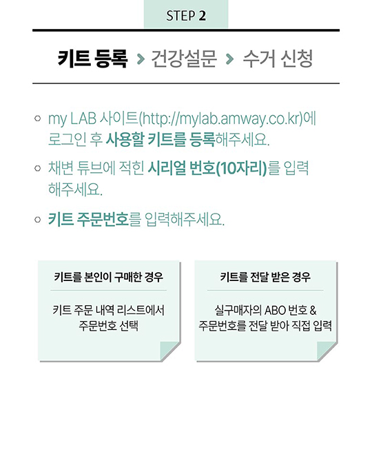 STEP 2 - 키트 등록 > 건강설문 > 수거 신청 1. my LAB 사이트(www.mylab.amway.co.kr)에 로그인 후 사용할 키트를 등록해 주세요. 2. 채변 튜브에 적힌 시리얼 번호(10자리)를 입력해주세요. 3. 키트 주문번호를 입력해주세요. - 키트를 본인이 구매한 경우 : 키트 주문 내력 리스트에서 주문번호 선택, - 키트를 전달 받은 경우 : 실구매자의 ABO 번호 & 주문번호를 전달 받아 직접 입력