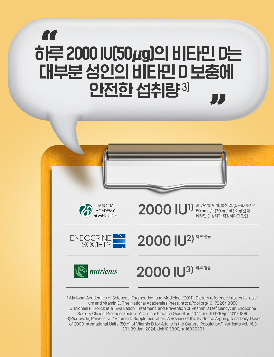 하루 2000 IU(50 μg)의 비타민 D는 대부분 성인의 비타민 D 보충에 안전한 복용량3)