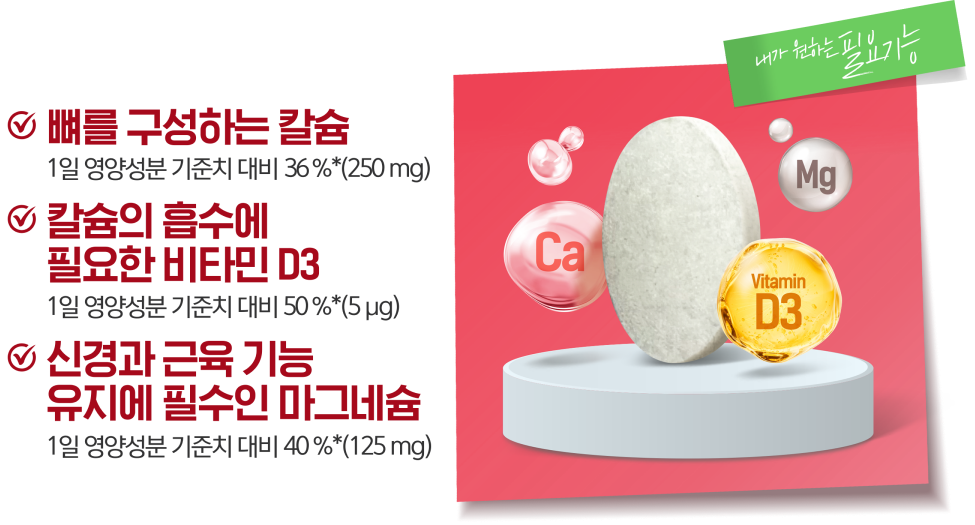뼈를 구성하는 칼슘, 칼슘의 흡수에 필요한 비타민 D3, 신경과 근육 기능 유지에 필수인 마그네슘 / 알약 이미지