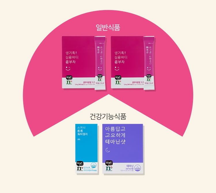 일반식품 - 생기톡! 심쿵바디 콤부차 / 건강기능식품 - 스키니 롱롱 워터젤리 미니, 아름답고 고요하게 테아닌 샷 미니 제품 사진