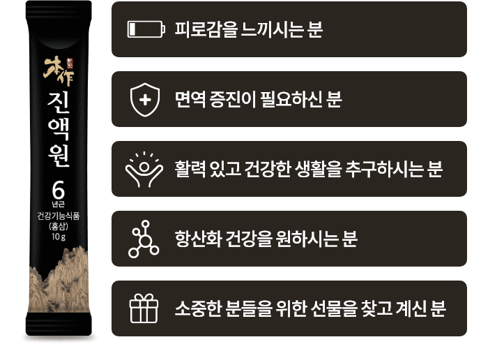 본작 진액원이 필요하신 분 - 피로감을 느끼시는 분, 면역 증진이 필요하신 분, 활력 있고 건강한 생활을 추구하시는 분, 항산화 건강을 원하시는 분, 소중한 분들을 위한 선물을 찾고 계신 분