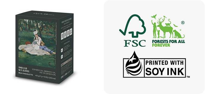 FSC logo, Forests for all forever logo, Printed with SOY INK 로고와 제품 제품 박스