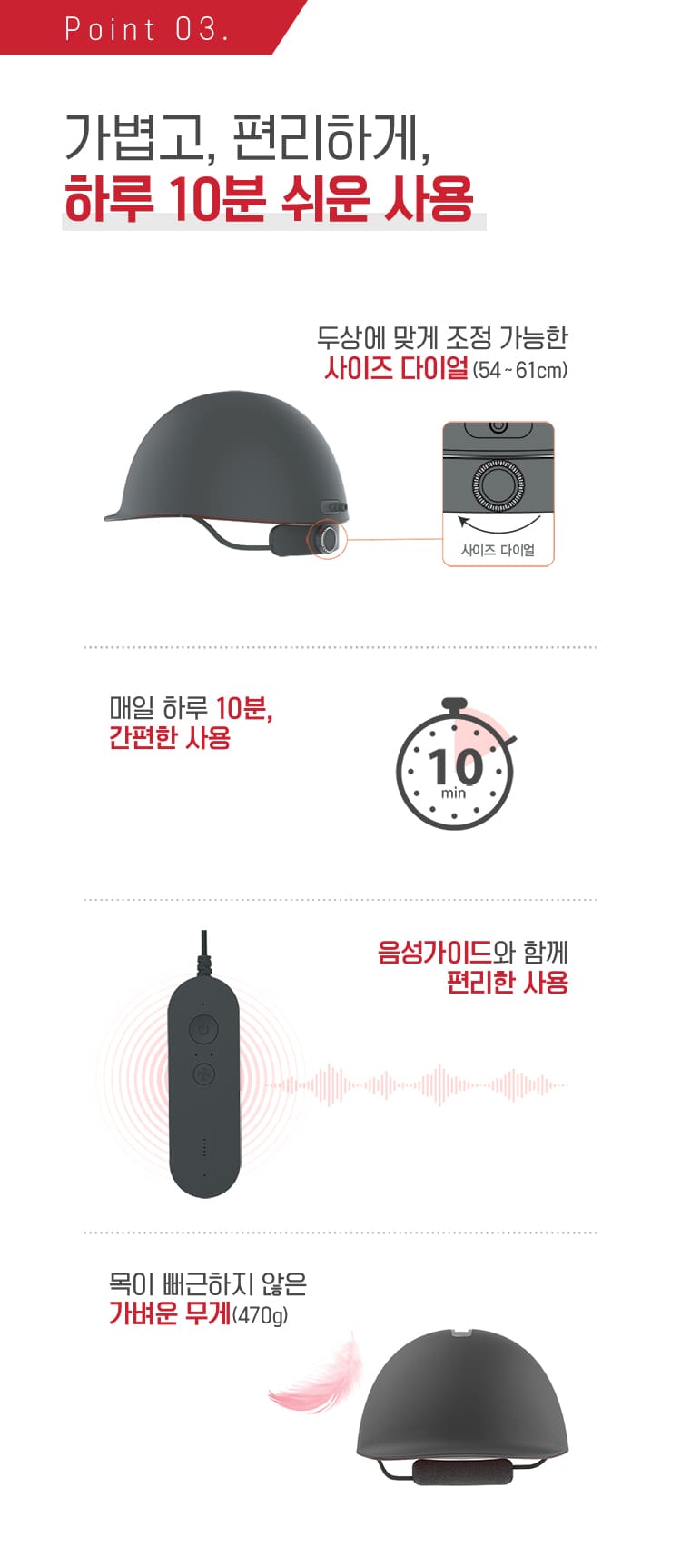 Point 03. 가볍고, 편리하게, 하루 10분 쉬운 사용. 두상에 맞게 조정 가능한 사이즈 다이얼(54~61cm), 사이즈 다이얼. 매일 하루 10분 간편한 사용. 음성가이드와 함께 편리한 사용. 목이 뻐근하지 않은 가벼운 무게(470g)