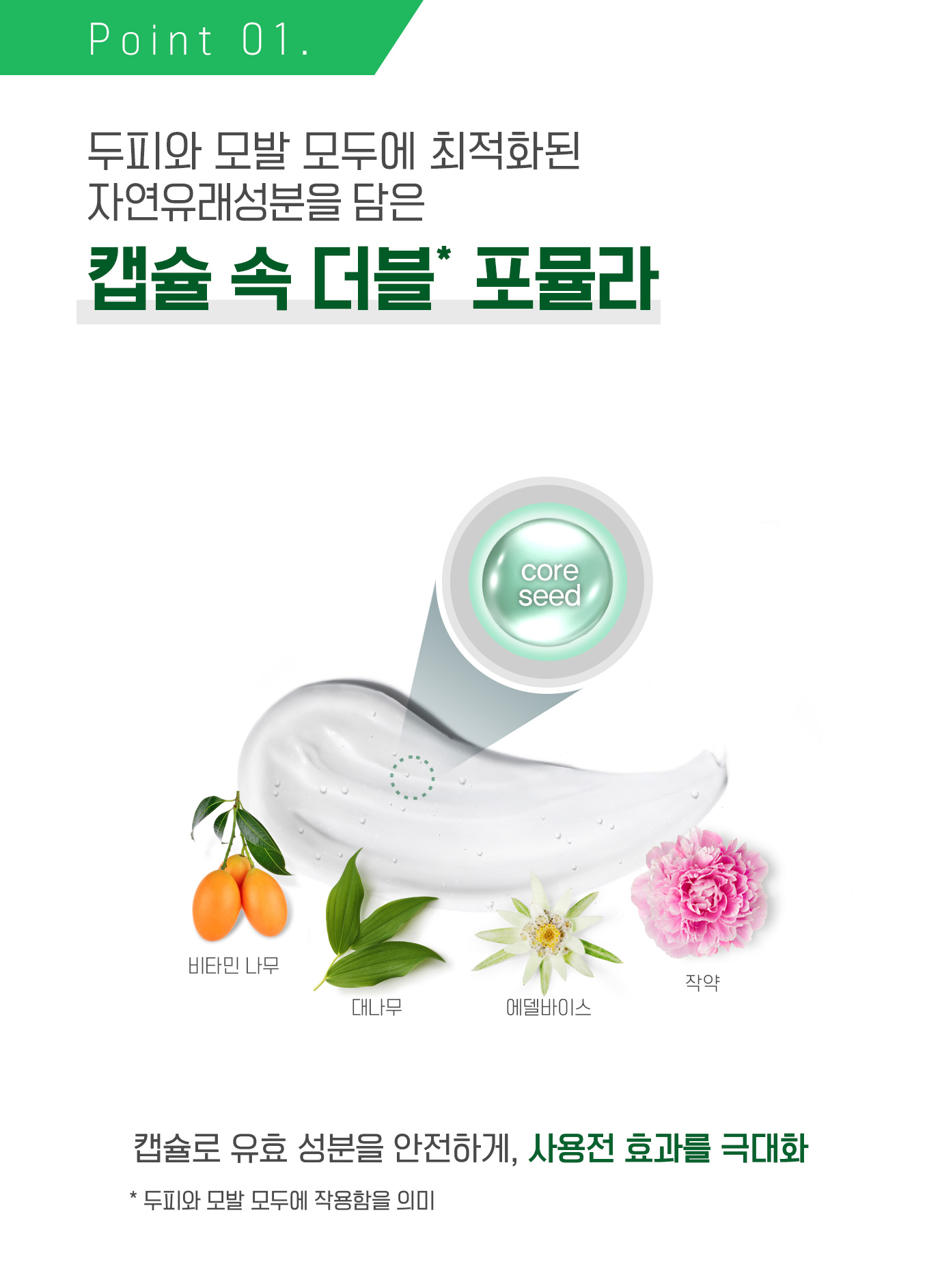 Point 01. 두피와 모발 모두에 최적화된 자연유래성분을 담은 캡슐 속 더블* 포뮬라 (비타민 나무, 대나무, 에델바이스, 작약) 캡슐로 유효 성분을 안전하게, 사용전 효과를 극대화 (* 두피와 모발 모두에 작용함을 의미)
